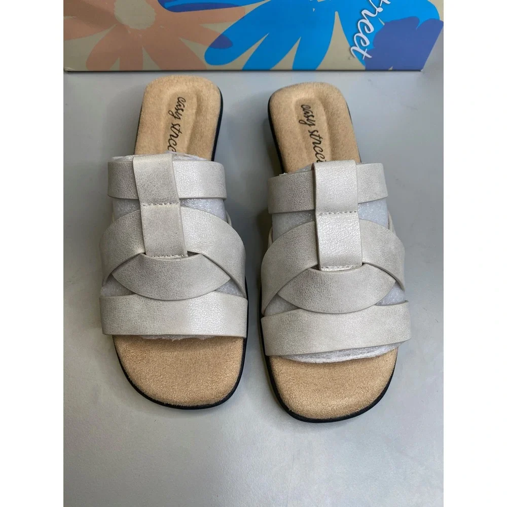 Easy Street Lakeport Silver Metallic Slide Sandals Womens 6 N Wedge Mules
